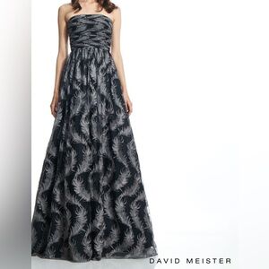 David Meister Size 10 Full Length Black Ballgown with Silver Feathers Strapless